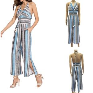 Venus Striped Boho Side Slit Sleeveless Halter Jumpsuit Womens Large